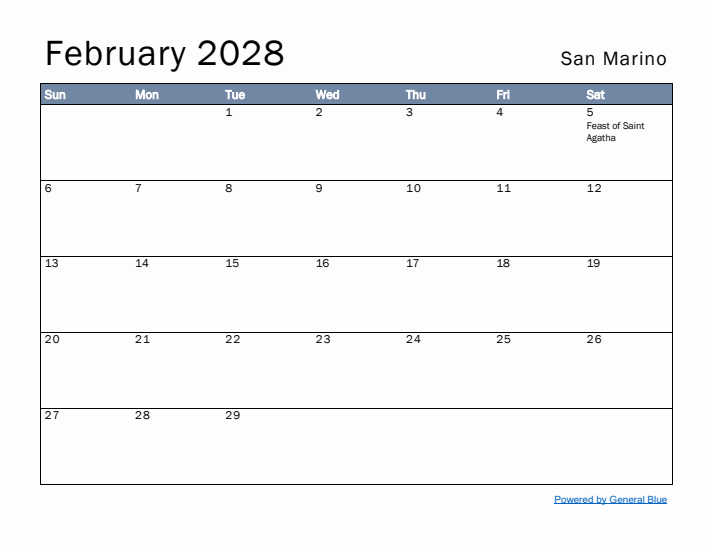 February 2028 Simple Monthly Calendar for San Marino