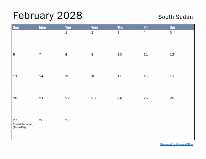 February 2028 Simple Monthly Calendar for South Sudan