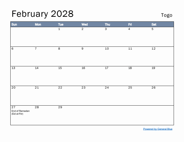 February 2028 Simple Monthly Calendar for Togo