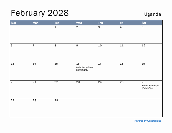 February 2028 Simple Monthly Calendar for Uganda