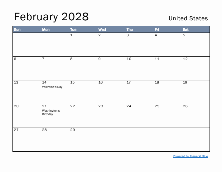 February 2028 Simple Monthly Calendar for United States