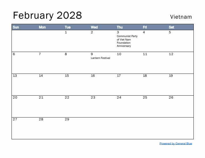 February 2028 Simple Monthly Calendar for Vietnam