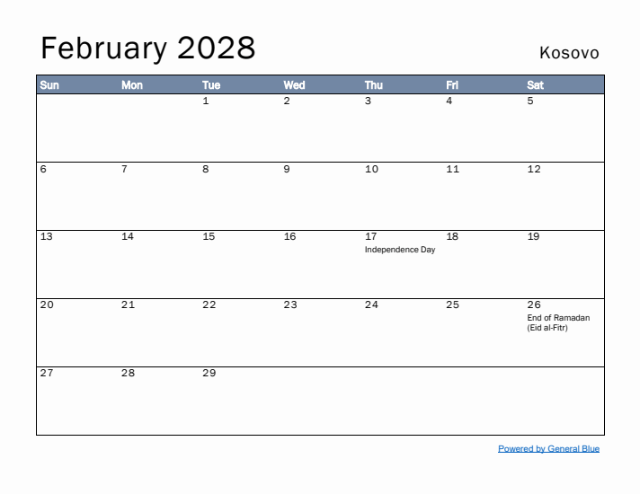 February 2028 Simple Monthly Calendar for Kosovo