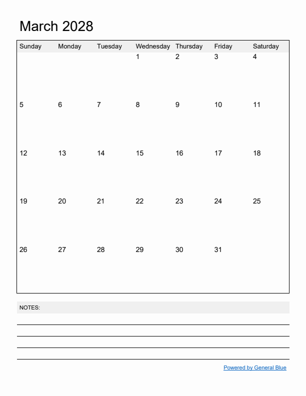 Basic Monthly Calendar Template for March 2028