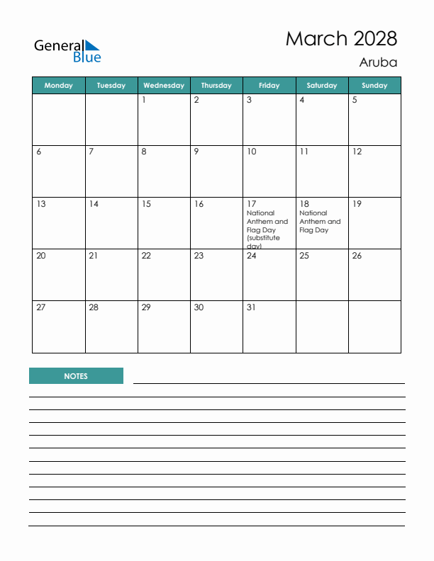 Calendar with Notes Printable - Monday Start