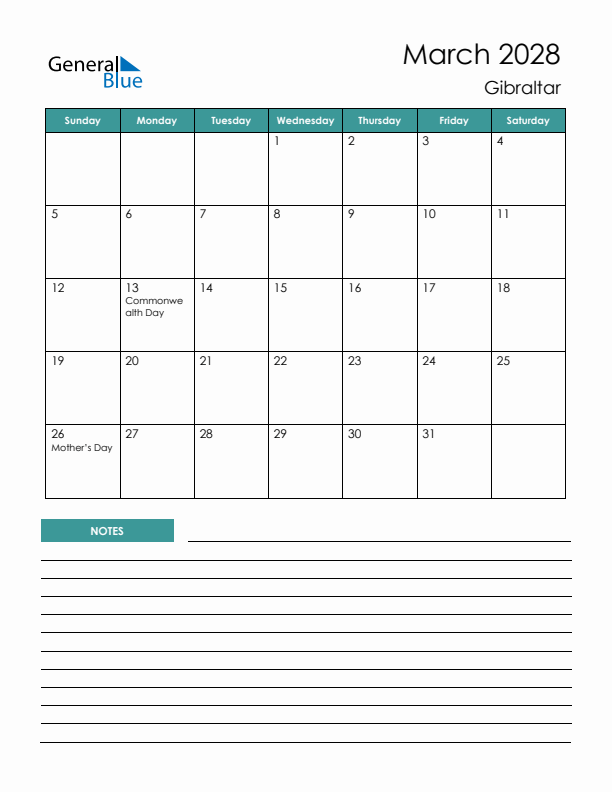 Calendar with Notes Printable - Sunday Start