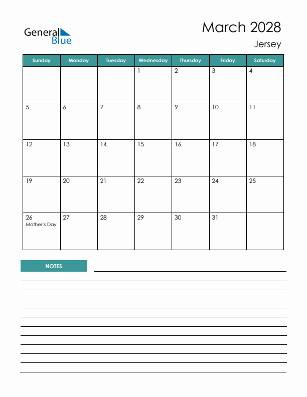 Calendar with Notes Printable - Sunday Start