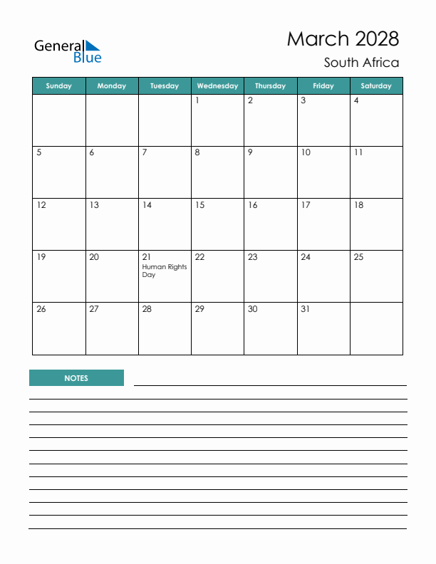 Calendar with Notes Printable - Sunday Start