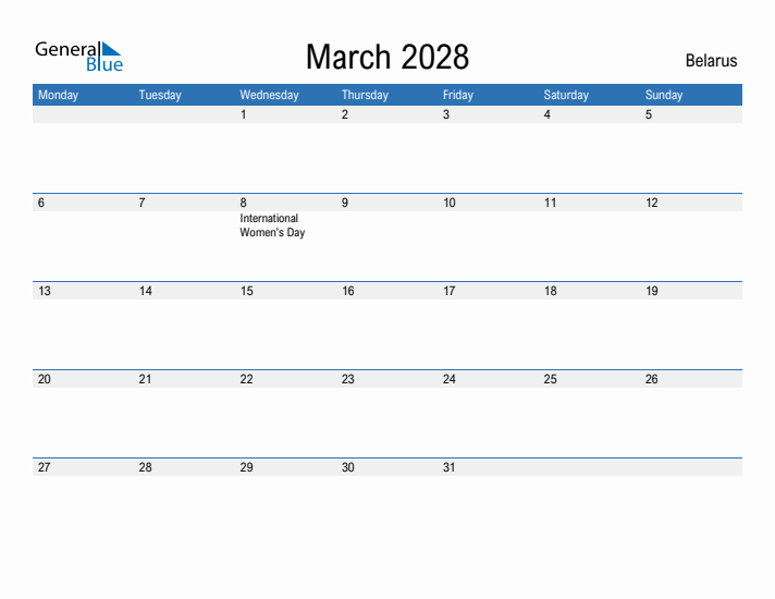 Fillable March 2028 Calendar