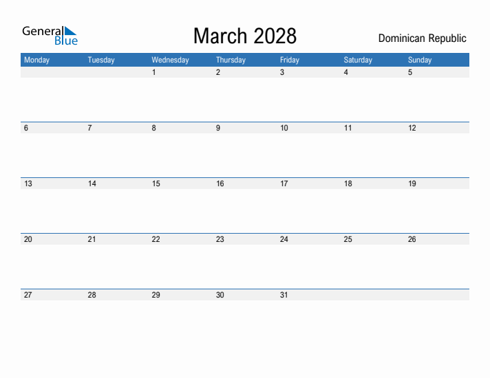 Fillable March 2028 Calendar