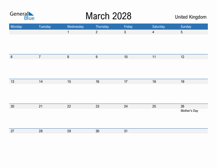 Fillable March 2028 Calendar