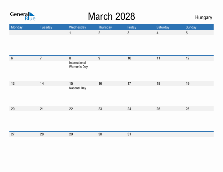 Fillable March 2028 Calendar