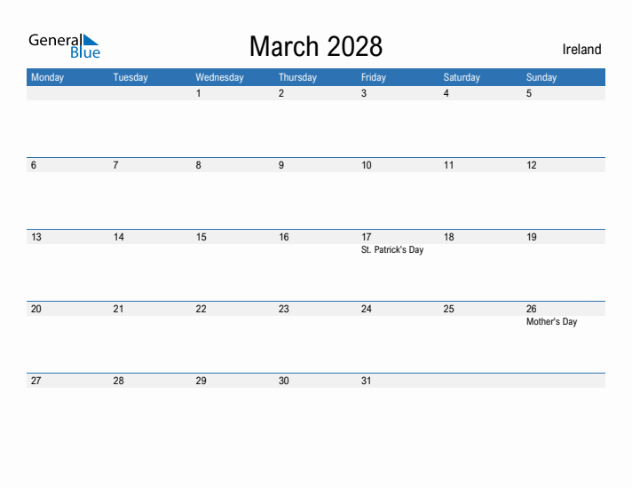 Fillable March 2028 Calendar