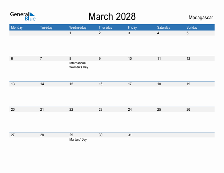 Fillable March 2028 Calendar