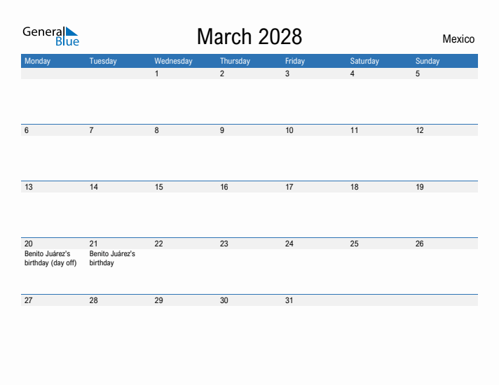 Fillable March 2028 Calendar