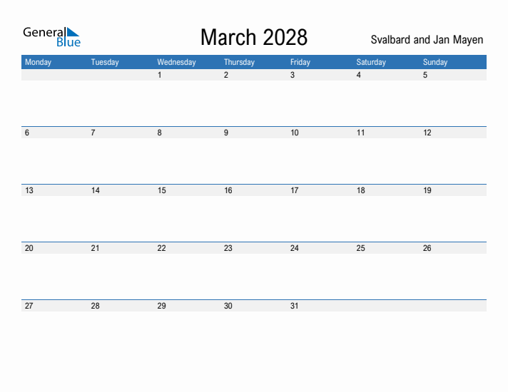 Fillable March 2028 Calendar