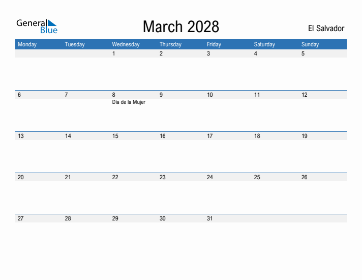 Fillable March 2028 Calendar