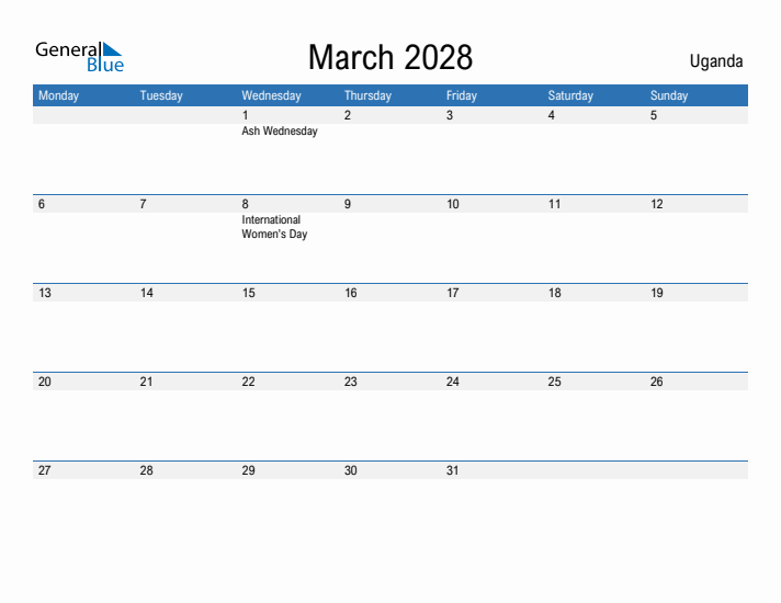 Fillable March 2028 Calendar