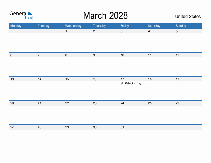 Fillable March 2028 Calendar