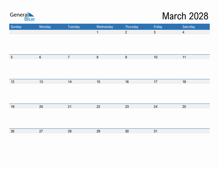 Fillable Calendar for March 2028