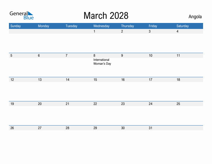 Fillable March 2028 Calendar