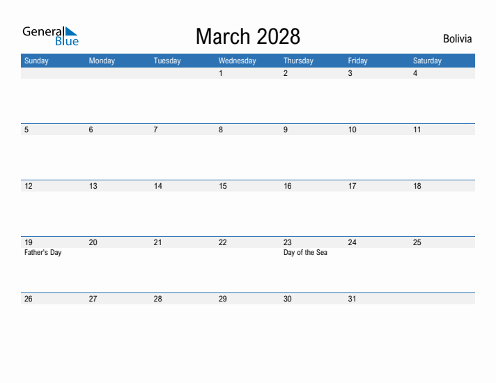 Fillable March 2028 Calendar