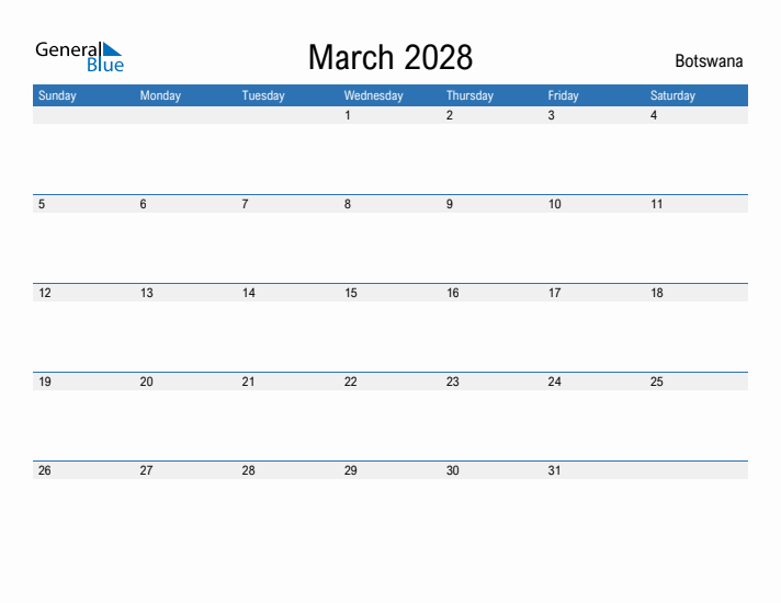 Fillable March 2028 Calendar