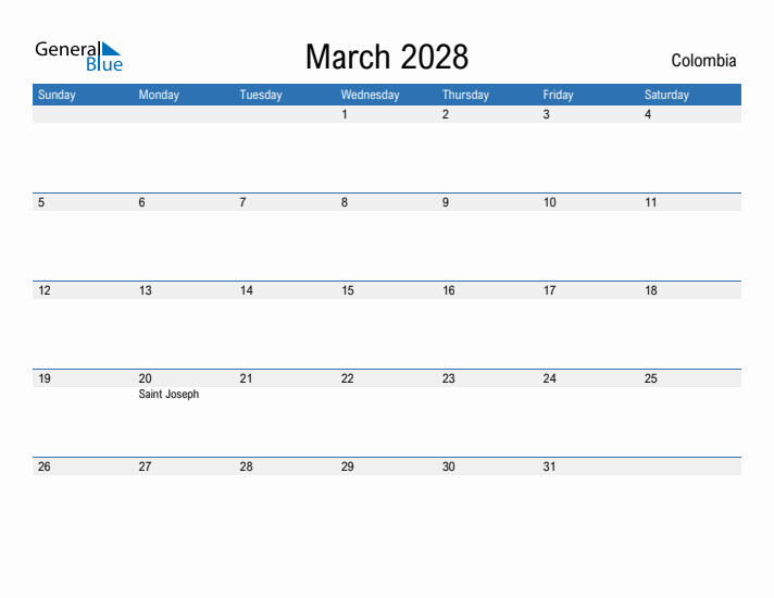 Fillable March 2028 Calendar