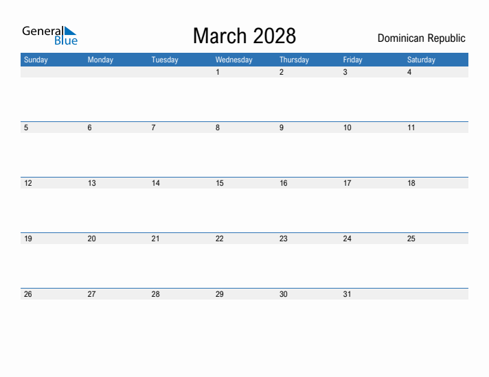 Fillable March 2028 Calendar