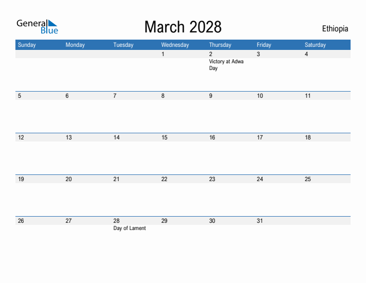 Fillable March 2028 Calendar