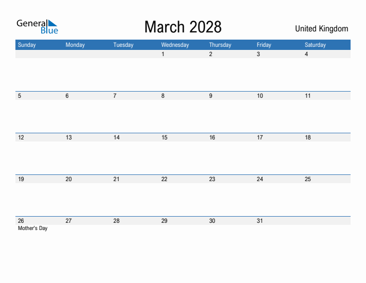 Fillable March 2028 Calendar