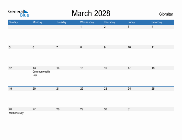 Fillable March 2028 Calendar