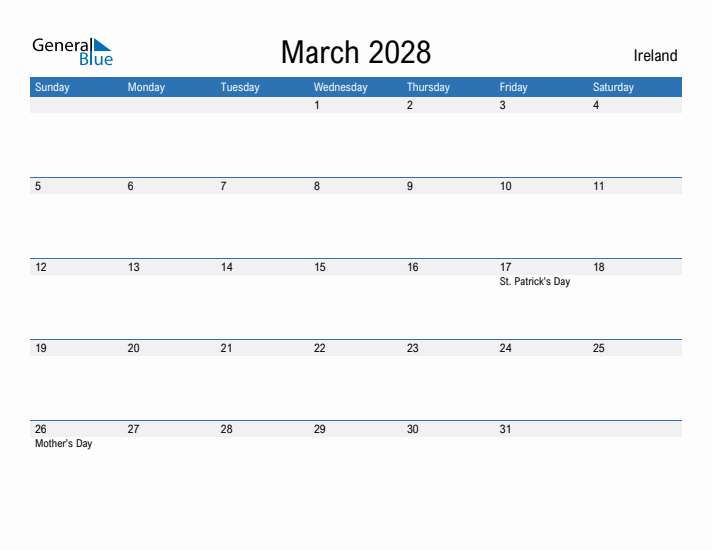 Fillable March 2028 Calendar