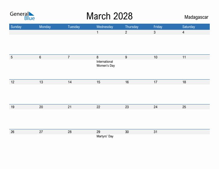 Fillable March 2028 Calendar