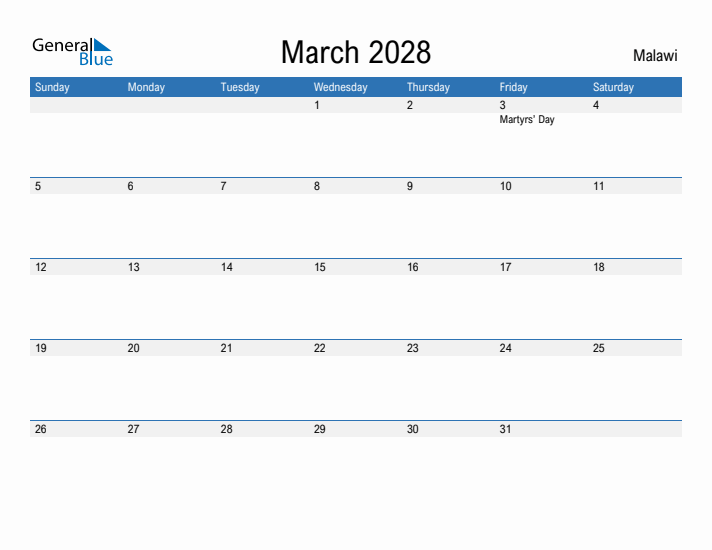 Fillable March 2028 Calendar