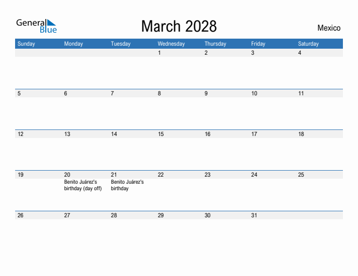 Fillable March 2028 Calendar