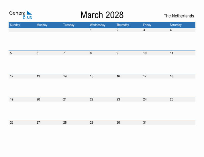 Fillable March 2028 Calendar