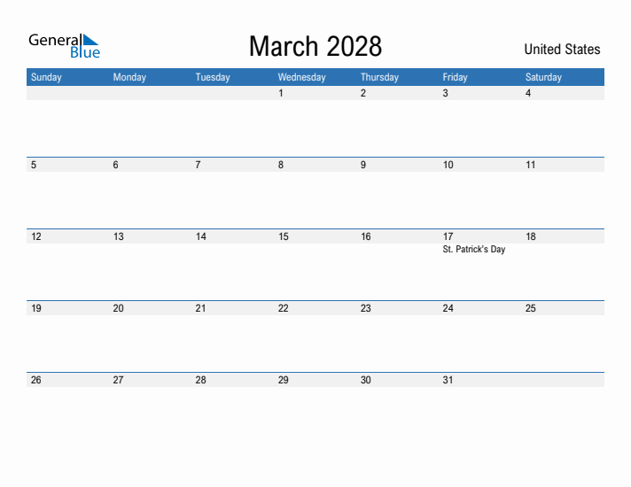 Fillable March 2028 Calendar