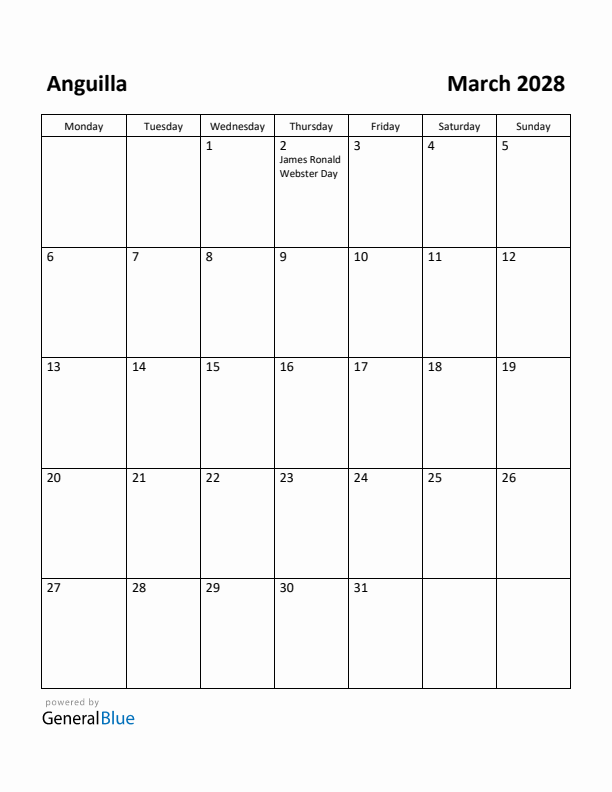 March 2028 Calendar with Anguilla Holidays