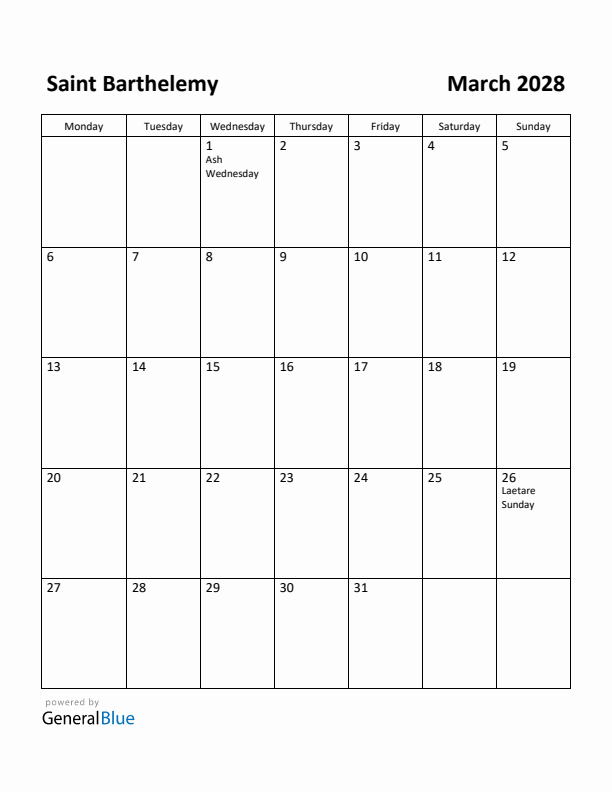 March 2028 Calendar with Saint Barthelemy Holidays