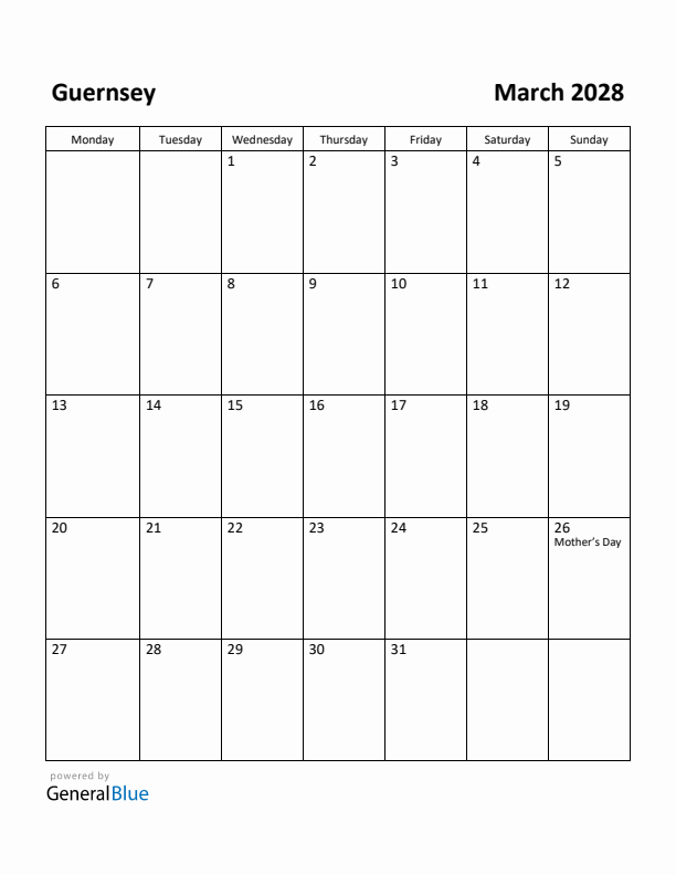 March 2028 Calendar with Guernsey Holidays