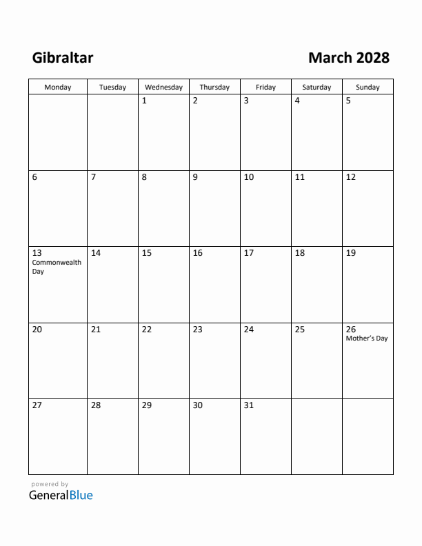 March 2028 Calendar with Gibraltar Holidays