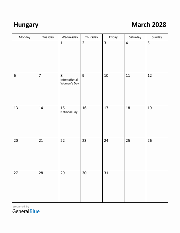 March 2028 Calendar with Hungary Holidays