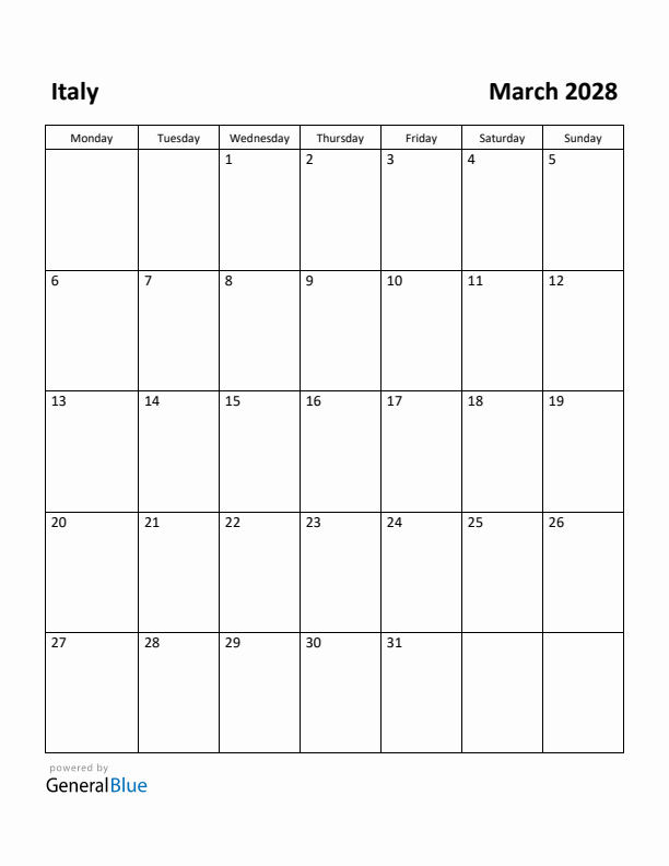 March 2028 Calendar with Italy Holidays