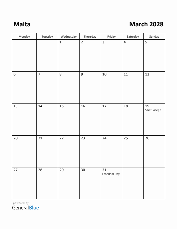 March 2028 Calendar with Malta Holidays