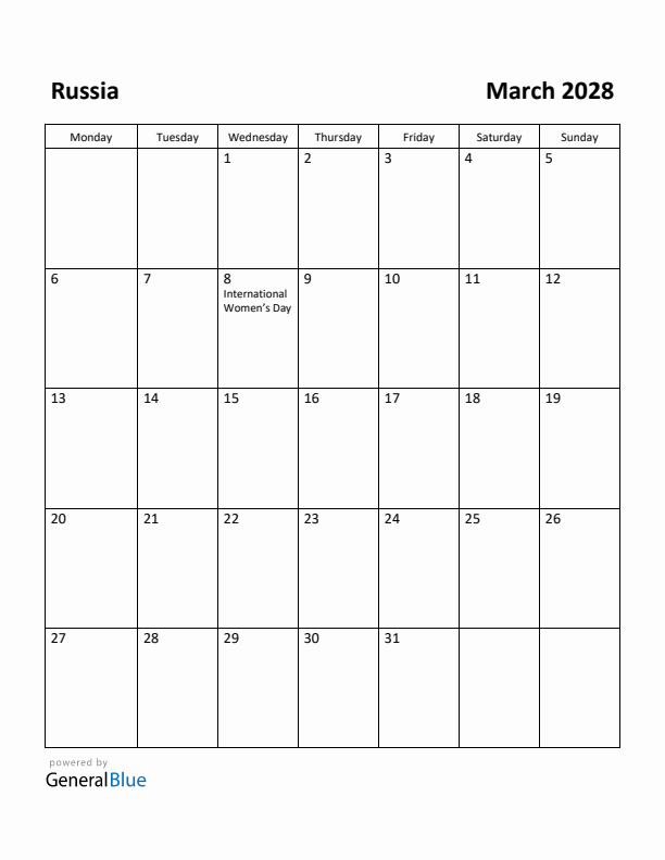 March 2028 Calendar with Russia Holidays