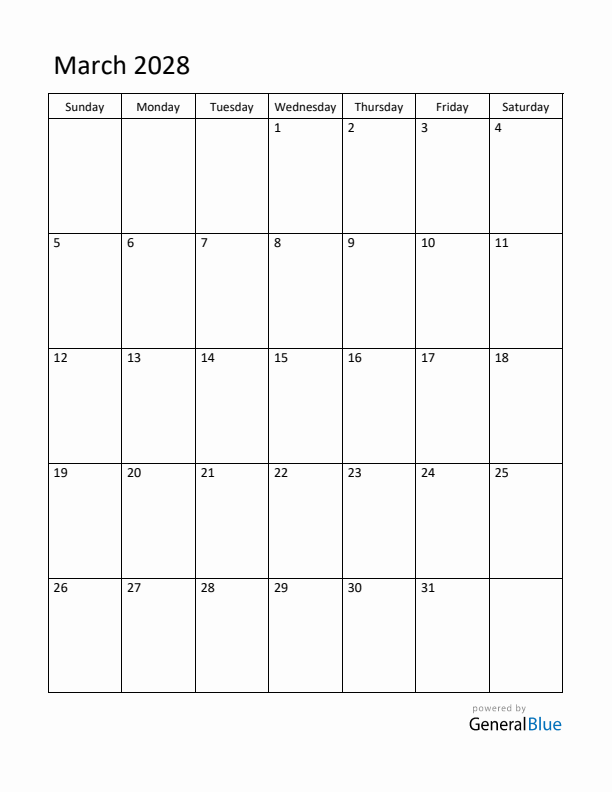 Sunday Start Calendar for March 2028