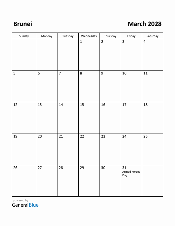 March 2028 Calendar with Brunei Holidays