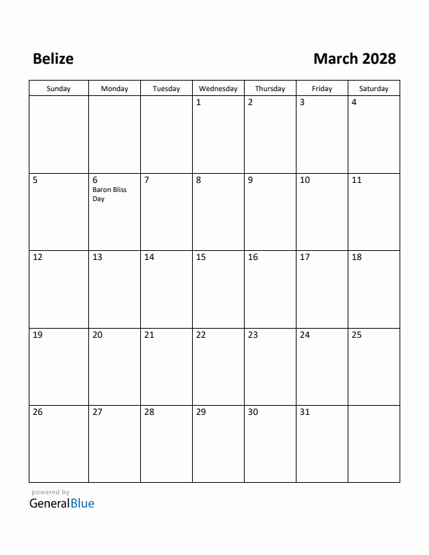 March 2028 Calendar with Belize Holidays