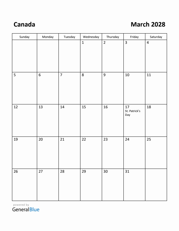 March 2028 Calendar with Canada Holidays